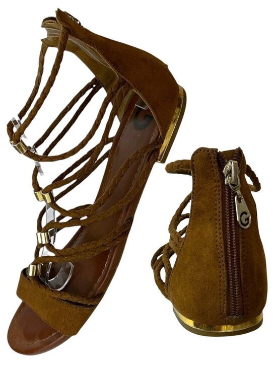 Guess Shoes - Guess Gladiator Sandals Suede Leather Strappy Gold Accents Brown 8 1/2 Medium